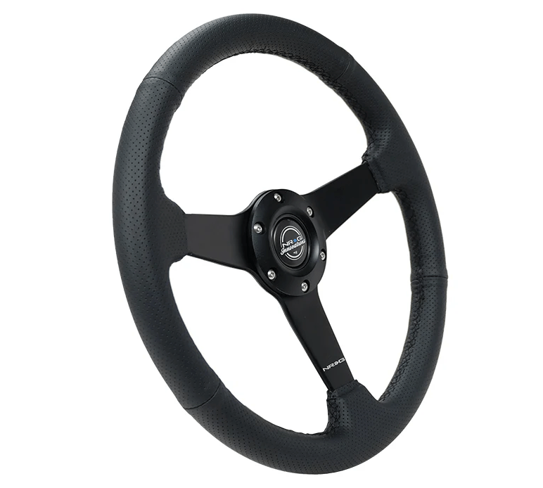 NRG Innovations 350MM Flat Steering Wheel w/ Black Center, Black Stitching and Black Perforated Leather Grip - RST - 037MB - PR - Subimods.com