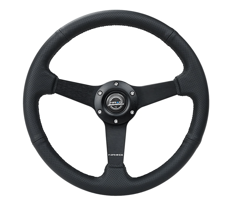 NRG Innovations 350MM Flat Steering Wheel w/ Black Center, Black Stitching and Black Perforated Leather Grip - RST - 037MB - PR - Subimods.com