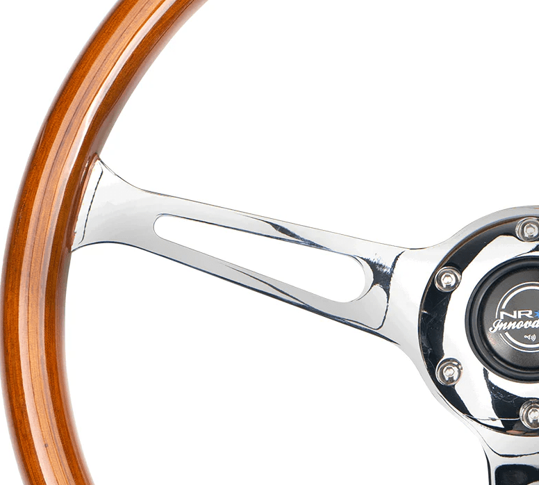 NRG Innovations 360MM Flat Steering Wheel w/ Slits, Chrome Center, and Woodgrain Grip - RST - 360SL - Subimods.com