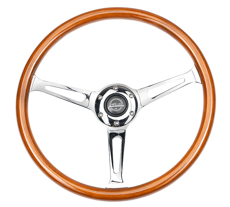 NRG Innovations 360MM Flat Steering Wheel w/ Slits, Chrome Center, and Woodgrain Grip - RST - 360SL - Subimods.com