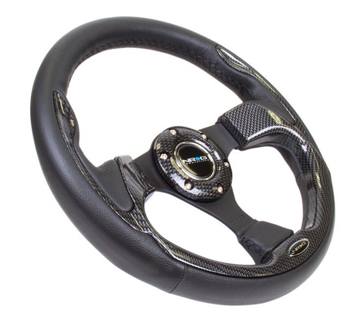 NRG Innovations Pilota Series 320MM Steering Wheel w/ Black Center, Black Stitching, Carbon Accents and Leather Grip - RST - 001CBL - Subimods.com