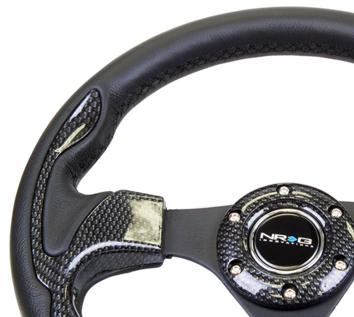 NRG Innovations Pilota Series 320MM Steering Wheel w/ Black Center, Black Stitching, Carbon Accents and Leather Grip - RST - 001CBL - Subimods.com