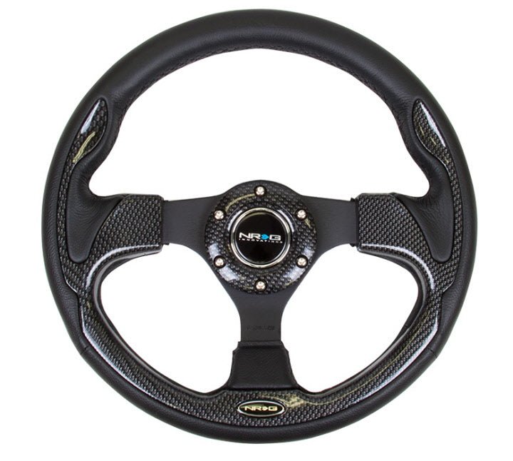NRG Innovations Pilota Series 320MM Steering Wheel w/ Black Center, Black Stitching, Carbon Accents and Leather Grip - RST - 001CBL - Subimods.com