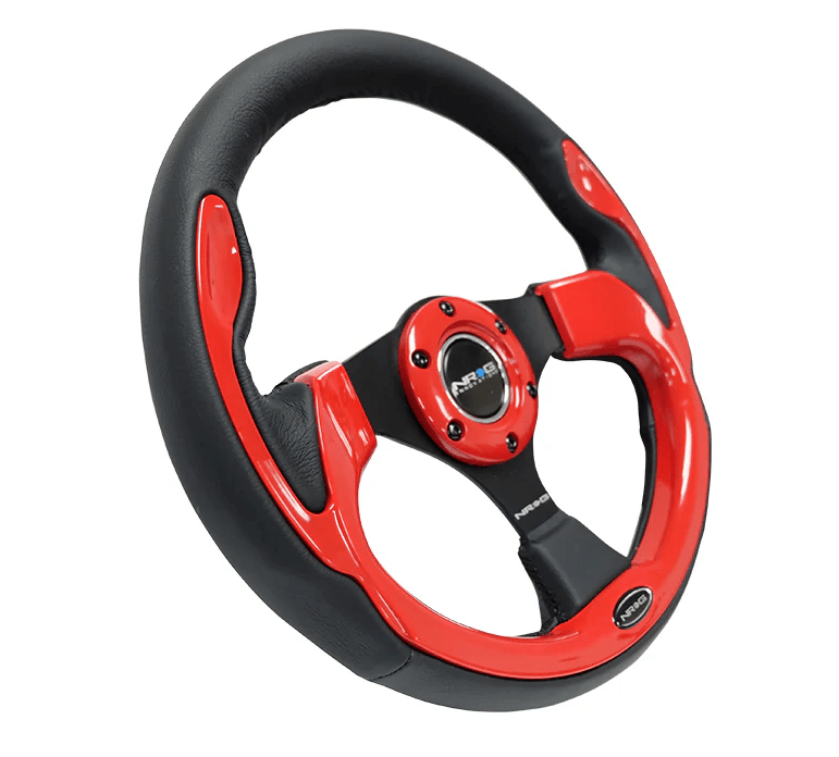 NRG Innovations Pilota Series 320MM Steering Wheel w/ Black Center, Black Stitching, Red Accents and Leather Grip - RST - 001RD - Subimods.com