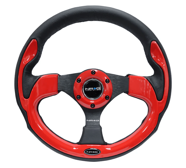 NRG Innovations Pilota Series 320MM Steering Wheel w/ Black Center, Black Stitching, Red Accents and Leather Grip - RST - 001RD - Subimods.com