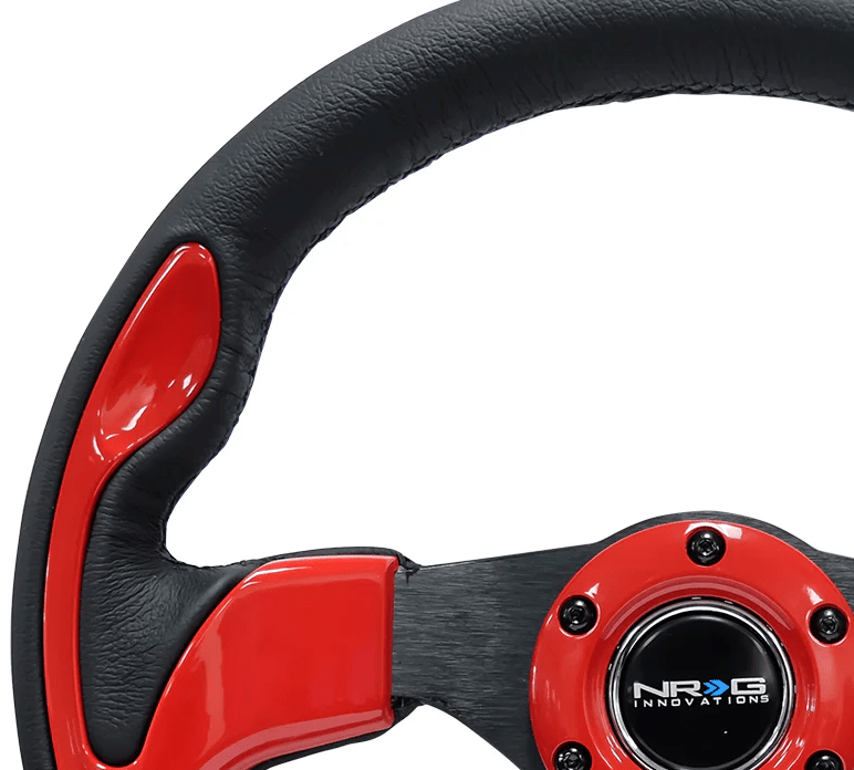 NRG Innovations Pilota Series 320MM Steering Wheel w/ Black Center, Black Stitching, Red Accents and Leather Grip - RST - 001RD - Subimods.com