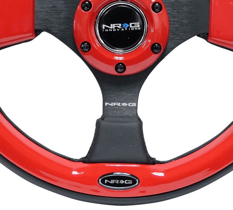 NRG Innovations Pilota Series 320MM Steering Wheel w/ Black Center, Black Stitching, Red Accents and Leather Grip - RST - 001RD - Subimods.com