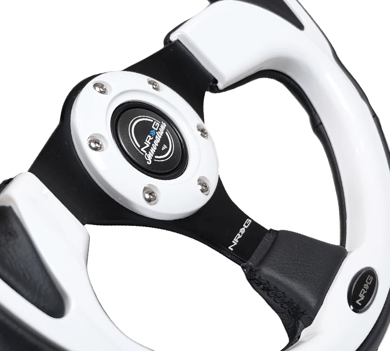 NRG Innovations Pilota Series 320MM Steering Wheel w/ Black Center, Black Stitching, White Accents and Leather Grip - RST - 001WT - Subimods.com