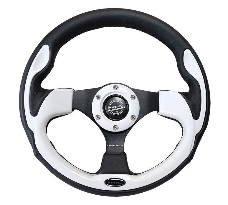 NRG Innovations Pilota Series 320MM Steering Wheel w/ Black Center, Black Stitching, White Accents and Leather Grip - RST - 001WT - Subimods.com