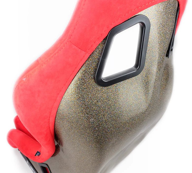 NRG Innovations Prisma Ultra Fixed Back Racing Seat Medium Red Alcantara w/ Gold Flake Shell - FRP - 303RD - ULTRA - Subimods.com