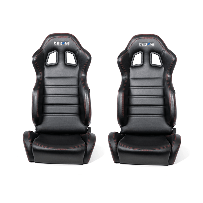 NRG Innovations Reclinable Bucket Seat Pair Black Leather w/ Red Stitching - RSC - 208 - 1L/R - Subimods.com