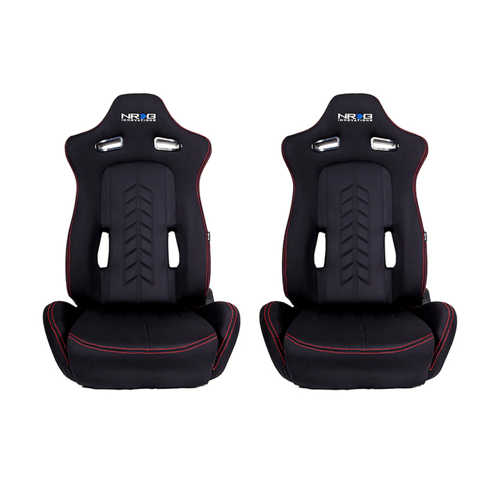 NRG Innovations Reclinable Bucket Seat Pair Black w/ Red Stitching and Arrow Cushion - RSC - 800L/R - Subimods.com