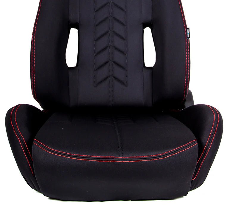 NRG Innovations Reclinable Bucket Seat Pair Black w/ Red Stitching and Arrow Cushion - RSC - 800L/R - Subimods.com