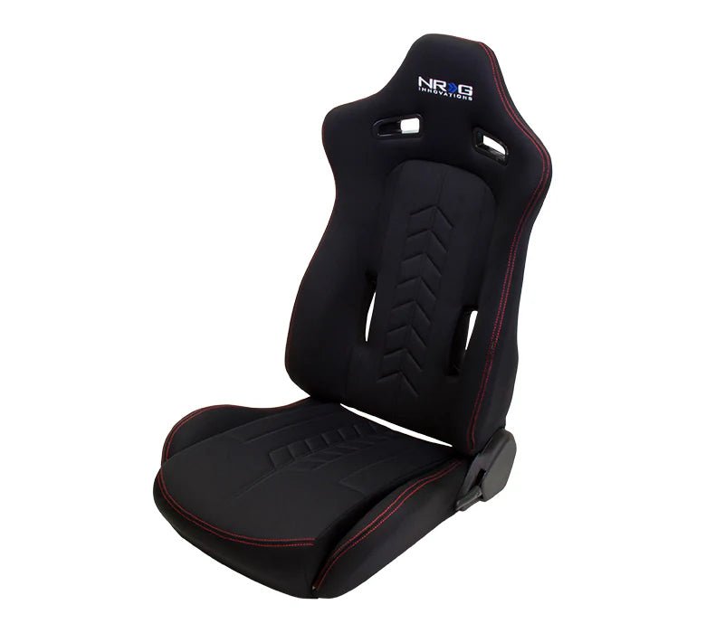 NRG Innovations Reclinable Bucket Seat Pair Black w/ Red Stitching and Arrow Cushion - RSC - 800L/R - Subimods.com