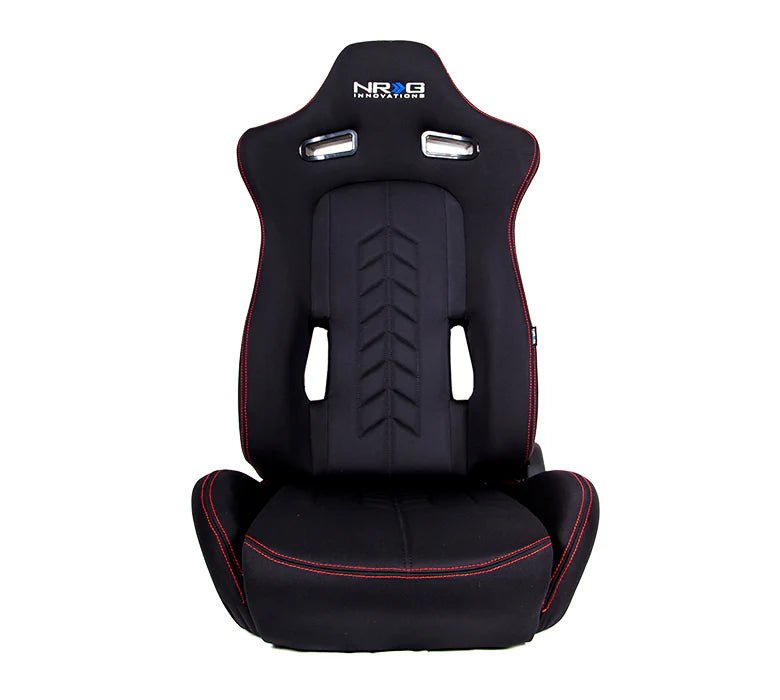 NRG Innovations Reclinable Bucket Seat Pair Black w/ Red Stitching and Arrow Cushion - RSC - 800L/R - Subimods.com