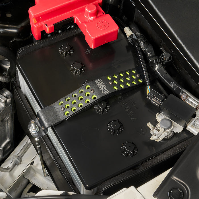 IAG Performance Battery Tie Down Black w/ Neon Yellow Hexagon Most Subaru Models