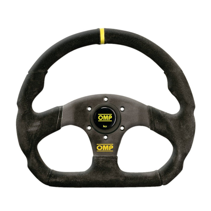 OMP Racing Superquadro 330mm Steering Wheel Flat Bottom Suede w/ Yellow Stitching and Yellow Centering Stripe - OD0 - 1990 - Subimods.com