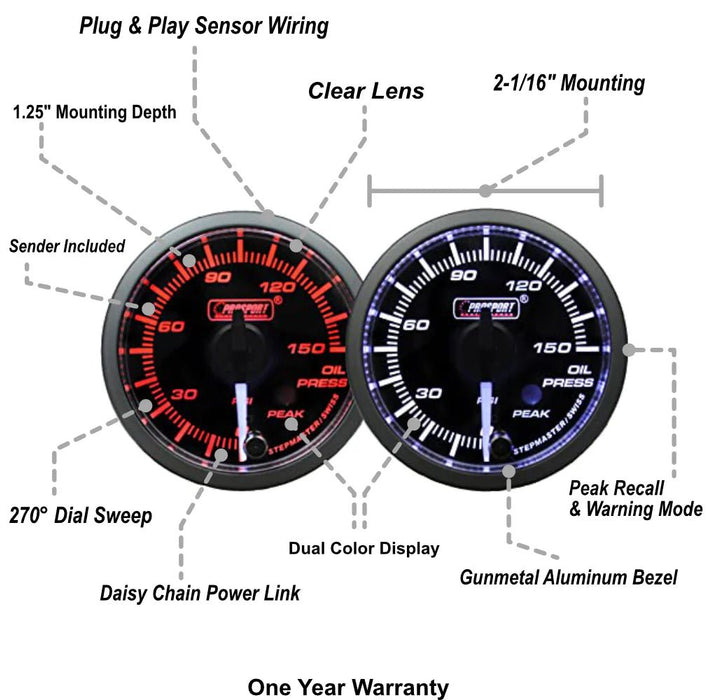 Prosport Premium Series Electronic Oil Pressure Gauge 52mm w/ Amber or White Display and White Needle - 216SMWAOPWNCL270 - PK.PSI - Subimods.com