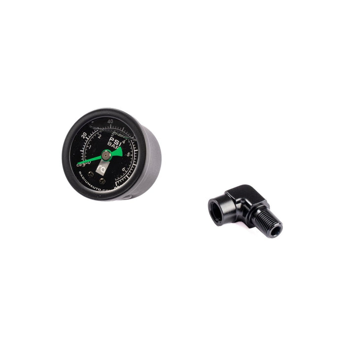 Radium Engineering 0 - 100 PSI Liquid Filled Fuel Pressure Gauge w/ 90 Degree Adapter Black Face - 20-0407 - Subimods.com