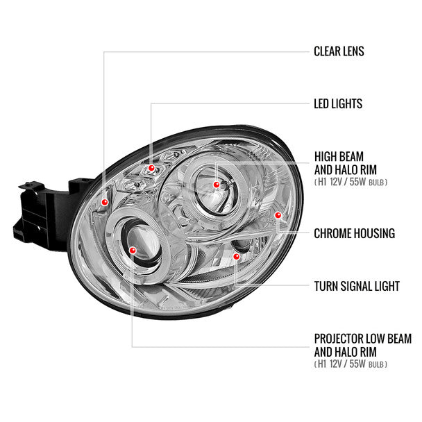 Spec - D Halo Style Projector Headlights w/ Chrome Base and Clear Lens 2002 - 2003 WRX w/ OEM Halogen Lights - LHP - WRX02 - TM - Subimods.com