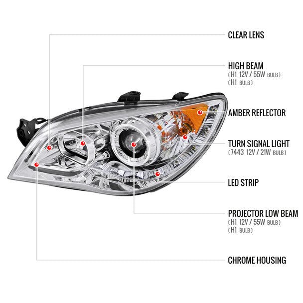 Spec - D LED Bar Style Projector Headlights w/ Chrome Base and Clear Lens 2006 - 2007 WRX / 2006 - 2007 STI w/ OEM Halogen Lights - 2LHP - WRX06 - TM - Subimods.com