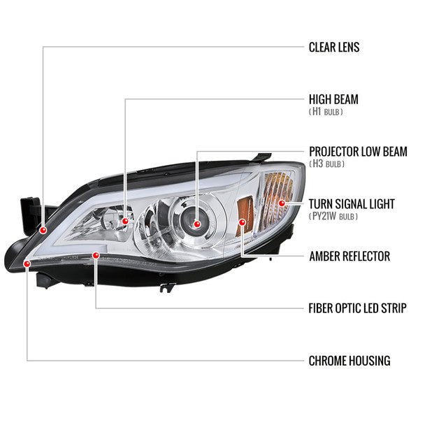 Spec - D LED Bar Style Projector Headlights w/ Chrome Base and Clear Lens 2008 - 2014 WRX Halogen Models Only - 2LHP - WRX08 - TM - Subimods.com