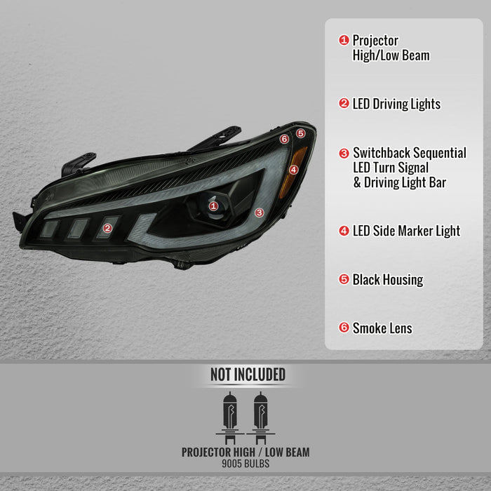 Spec - D Projector Headlights Sequential LED Switchback DRL Black Housing w/ Smoked Lens 2015 - 2021 WRX / 2015 - 2021 STI (Halogen Headlight Models Only) - 2LHP-WRX15SM-SQ-RS - Subimods.com