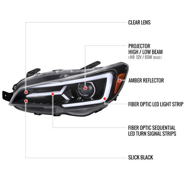 Spec - D Version 2 LED Bar Style Projector Headlights w/ Gloss Black Base and Clear Lens 2015 - 2017 WRX / 2015 - 2017 STI / 2018 - 2021 WRX Base & Premium - 2LHP - WRX15BK - SQ - TM - Subimods.com