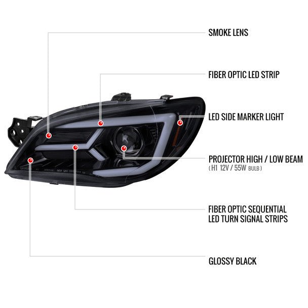 Spec - D Version 2 LED Bar Style Projector Headlights w/ Gloss Black Base and Smoke Lens 2006 - 2007 WRX / 2006 - 2007 STI w/ OEM Halogen Lights - 2LHP - WRX06G - G2 - TM - Subimods.com