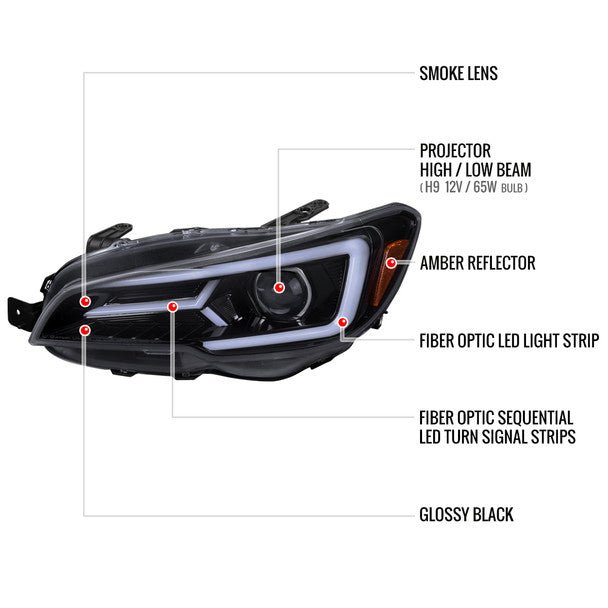 Spec - D Version 2 LED Bar Style Projector Headlights w/ Gloss Black Base and Smoke Lens 2015 - 2017 WRX / 2015 - 2017 STI / 2018 - 2021 WRX Base & Premium - 2LHP - WRX15G - SQ - TM - Subimods.com