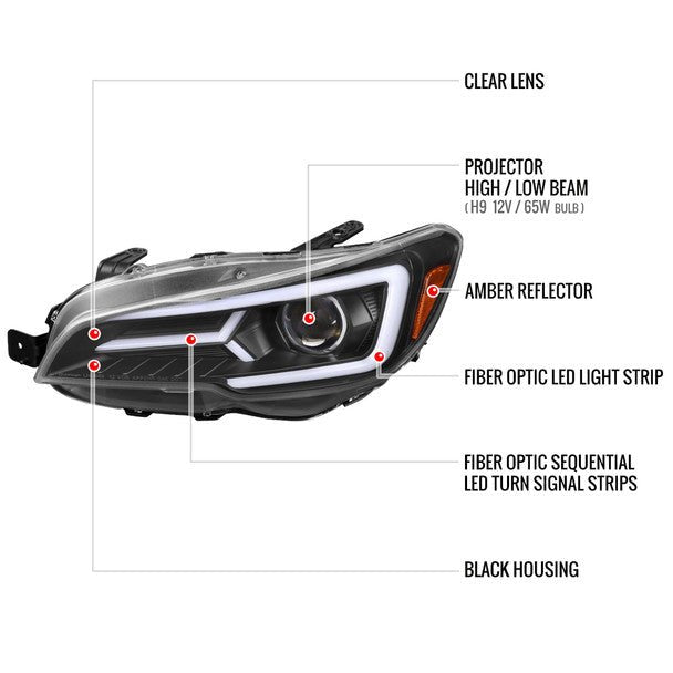 Spec - D Version 2 LED Bar Style Projector Headlights w/ Matte Black Base and Clear Lens 2015 - 2017 WRX / 2015 - 2017 STI / 2018 - 2021 WRX Base & Premium - 2LHP - WRX15JM - SQ - TM - Subimods.com