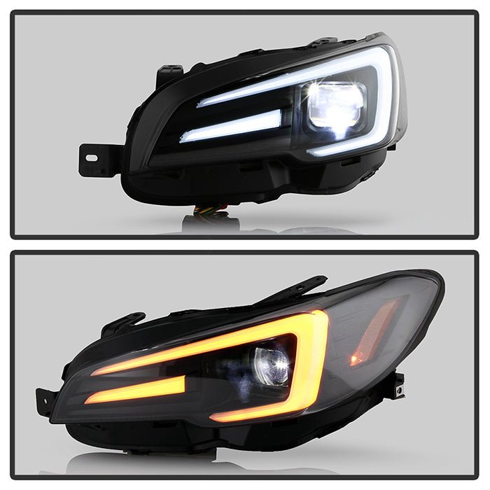 Spyder Apex LED Headlights w/ Black Base & Sequential Switch Back Light Bar 2015-2021 WRX LED Models Only - PRO-YD-SWRX15LEDAP-SBSEQ-BK - Subimods.com