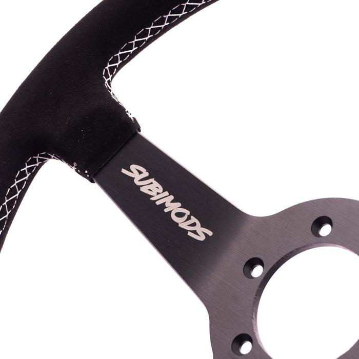 Subimods X Grip Royal Brute 350mm Deep Dish Steering Wheel w/ Black Suede Grip, White Stitching, and White TDC Stripe - GRSW-BRT-S-BKWH-TDCWH-SUBI - Subimods.com