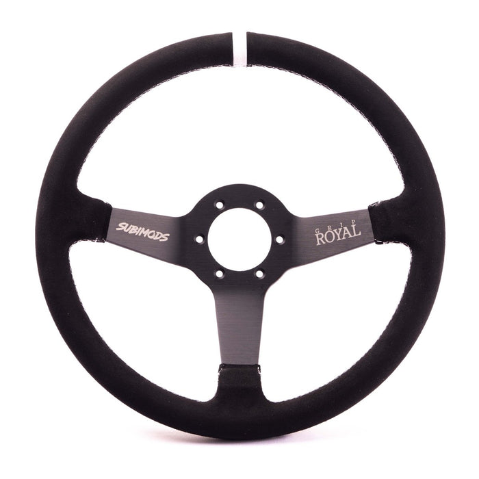 Subimods X Grip Royal Brute 350mm Deep Dish Steering Wheel w/ Black Suede Grip, White Stitching, and White TDC Stripe - GRSW-BRT-S-BKWH-TDCWH-SUBI - Subimods.com