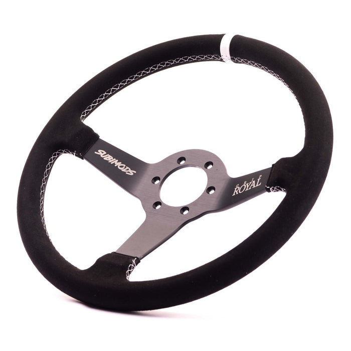 Subimods X Grip Royal Brute 350mm Deep Dish Steering Wheel w/ Black Suede Grip, White Stitching, and White TDC Stripe - GRSW-BRT-S-BKWH-TDCWH-SUBI - Subimods.com