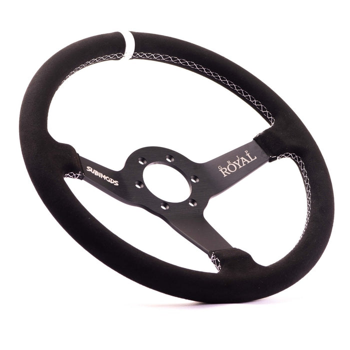 Subimods X Grip Royal Brute 350mm Deep Dish Steering Wheel w/ Black Suede Grip, White Stitching, and White TDC Stripe - GRSW-BRT-S-BKWH-TDCWH-SUBI - Subimods.com