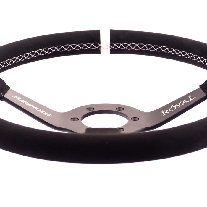 Subimods X Grip Royal Brute 350mm Deep Dish Steering Wheel w/ Black Suede Grip, White Stitching, and White TDC Stripe - GRSW-BRT-S-BKWH-TDCWH-SUBI - Subimods.com