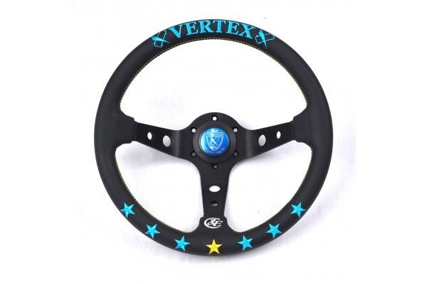 VERTEX 7 Star Steering Wheel 330mm Leather w/ Blue and Mint Stitching - STW-7STR-BM - Subimods.com
