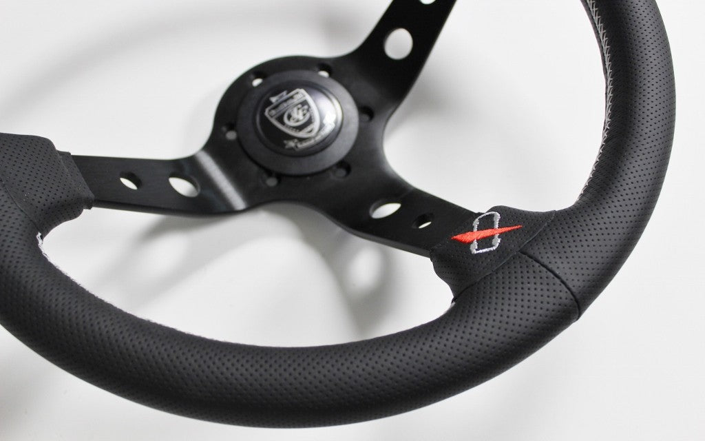 VERTEX Checker Steering Wheel 330mm Perforated Leather w/ Silver and Red Stitching - STW - CHKR - Subimods.com