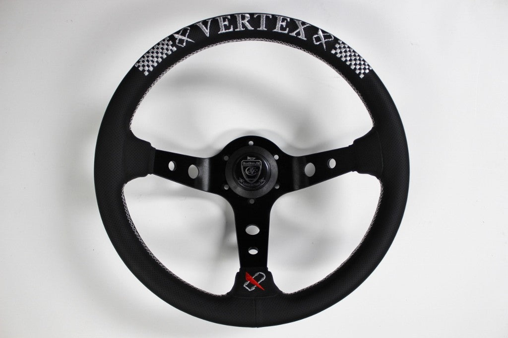 VERTEX Checker Steering Wheel 330mm Perforated Leather w/ Silver and Red Stitching - STW - CHKR - Subimods.com