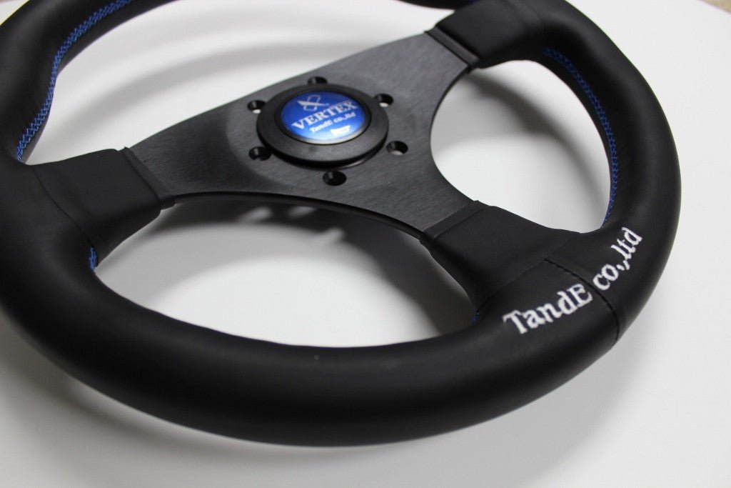 VERTEX Flat Steering Wheel 325mm Leather w/ Blue and White Stitching - STW - FLT - BLU - Subimods.com