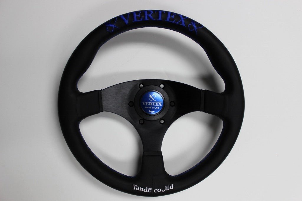 VERTEX Flat Steering Wheel 325mm Leather w/ Blue and White Stitching - STW - FLT - BLU - Subimods.com
