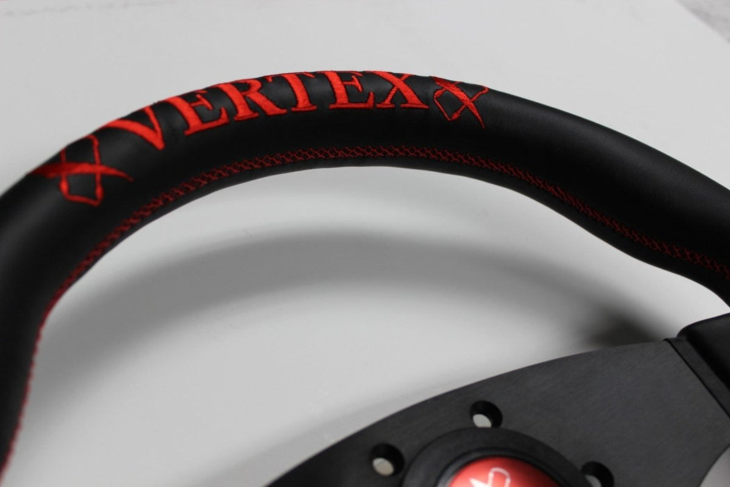 VERTEX Flat Steering Wheel 325mm Leather w/ Red and White Stitching - STW - FLT - RED - Subimods.com