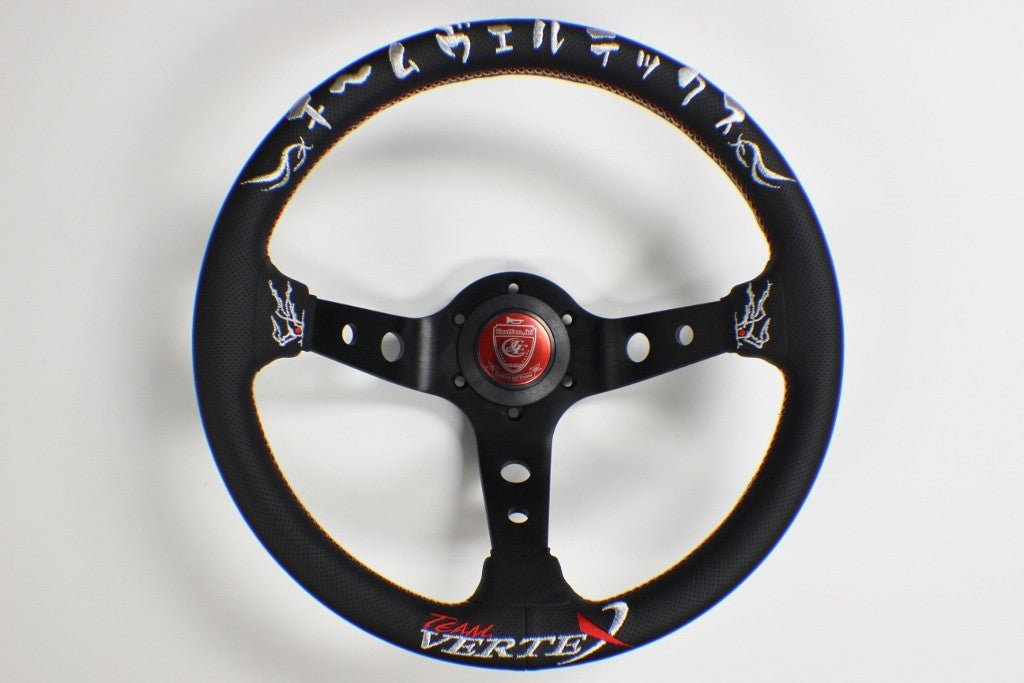 VERTEX Kumadori Steering Wheel 330mm Perforated Leather w/ White and Red Stitching - STW - KMD - Subimods.com