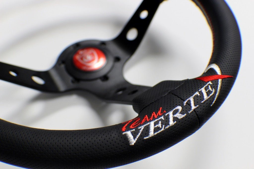 VERTEX Kumadori Steering Wheel 330mm Perforated Leather w/ White and Red Stitching - STW - KMD - Subimods.com