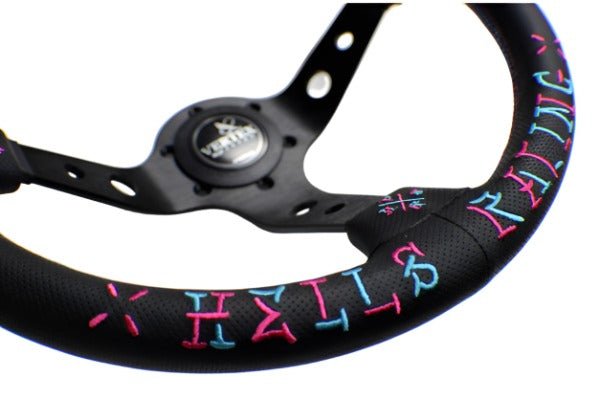 VERTEX Speed Steering Wheel 330mm Leather w/ Blue and Pink Stitching - STW-VERSPD-PINK - Subimods.com