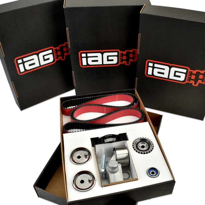 IAG Red Timing Belt Kit w/ Adjustable Idlers / OEM Tensioner and IAG Guide 2002-2014 WRX / 2004-2021 STI / 2005-2012 LGT / 2004-2013 FXT - IAG-ENG-5132RD - Subimods.com