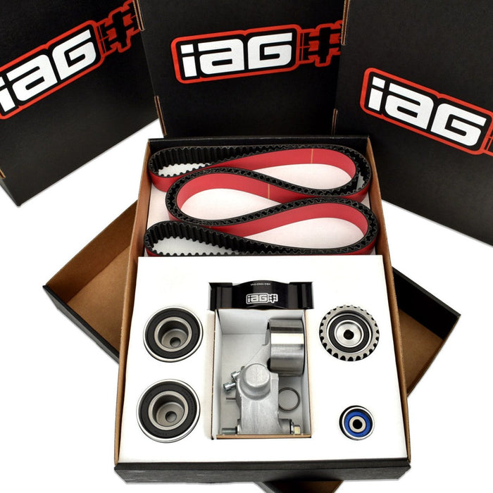 IAG Red Timing Belt Kit w/ OEM Tensioner / Idlers and IAG Guide 2002-2014 WRX / 2004-2021 STI / 2005-2012 LGT / 2004-2013 FXT - IAG-ENG-5131RD - Subimods.com