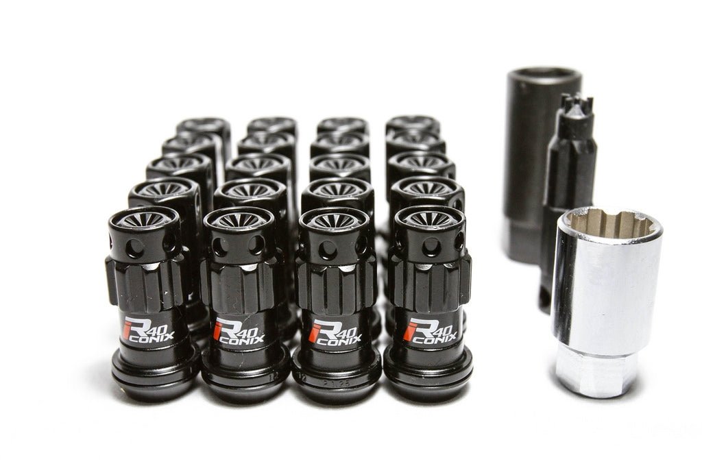 KICS R40 Iconix Black Locking Lug Nuts W/ Black Caps M12X1.25 - WRIA13KK - Subimods.com