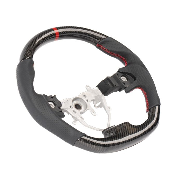 Molded Innovations Carbon Fiber Steering Wheel w/ Perforated Leather Grip, Red Stripe and Red Stitching 2008-2014 WRX / 2008-2014 STI - MI08-WHL-L/OC-R-R - Subimods.com